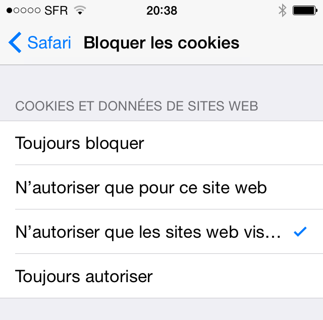 Options cookies pour Safari iOS 8