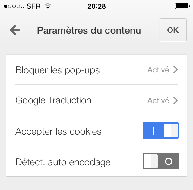 Options cookies pour Google Chrome iPhone iOS 8